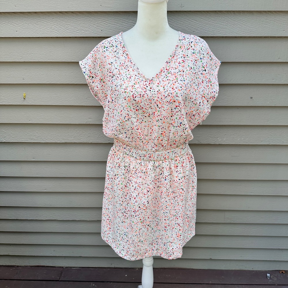 It Hippie Womens Splatter Print V-Neck Open Back Mini Dress White Multi Size S